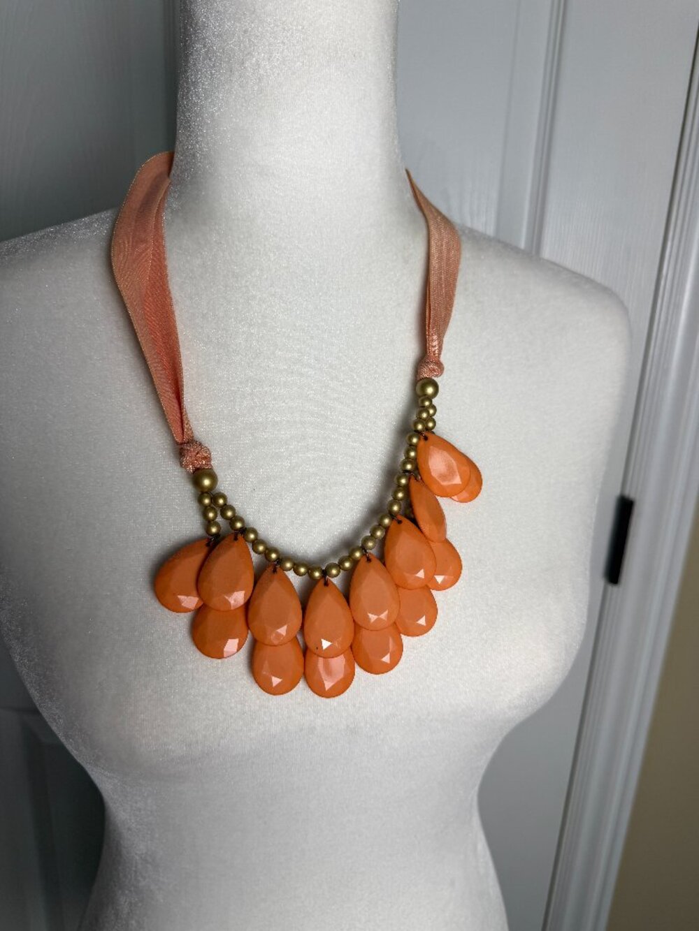 Vintage Large Peachy Orange Statement Bib Necklace with Ribbon Ties